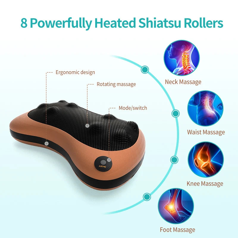 Coussin de Massage Électrique Shiatsu – Nuque, Dos, Taille et Corps, avec Chaleur, Utilisable à la Maison ou en Voiture